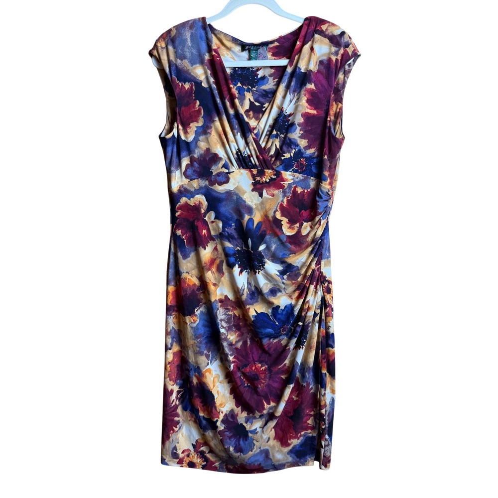 Lauren Ralph Lauren Floral Ruched Sheath Dress Size 14 Side Slit Wedding Guest - Picture 2 of 12
